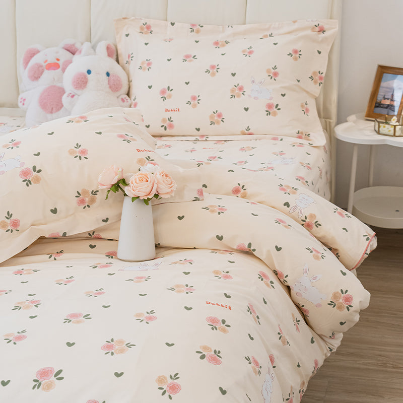 Rabbit Flowers Cotton Duvet Cover & Sham Set