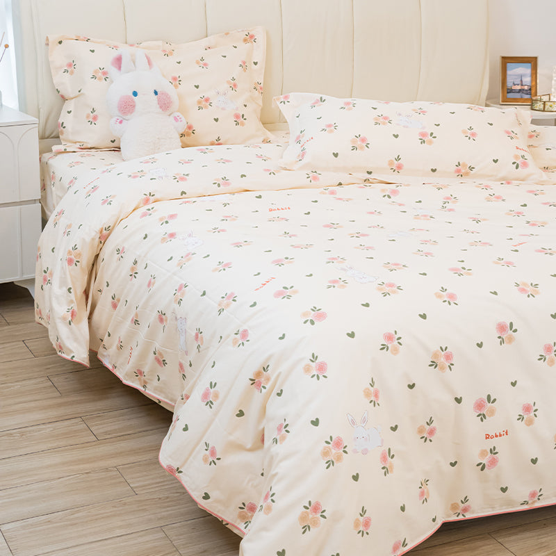 Rabbit Flowers Cotton Duvet Cover & Sham Set
