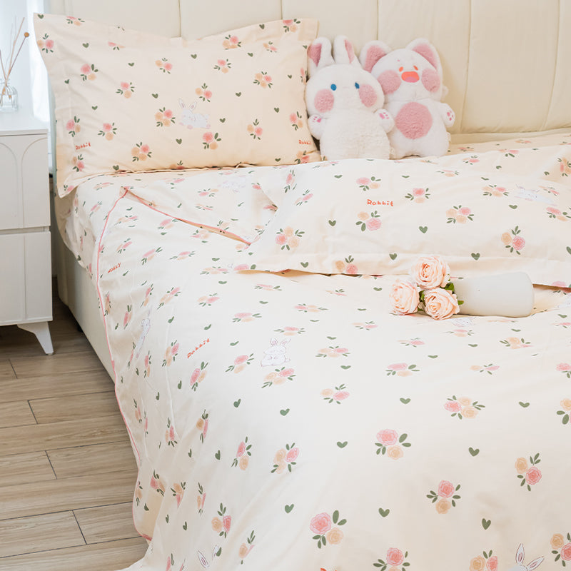Rabbit Flowers Cotton Duvet Cover & Sham Set